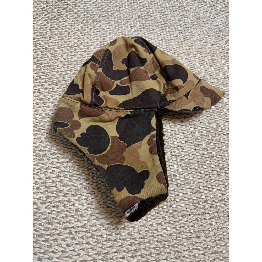 Vintage Columbia Duck Camo Hunting Hat Sherpa Lined Ear Flap Cap USA Made L/XL